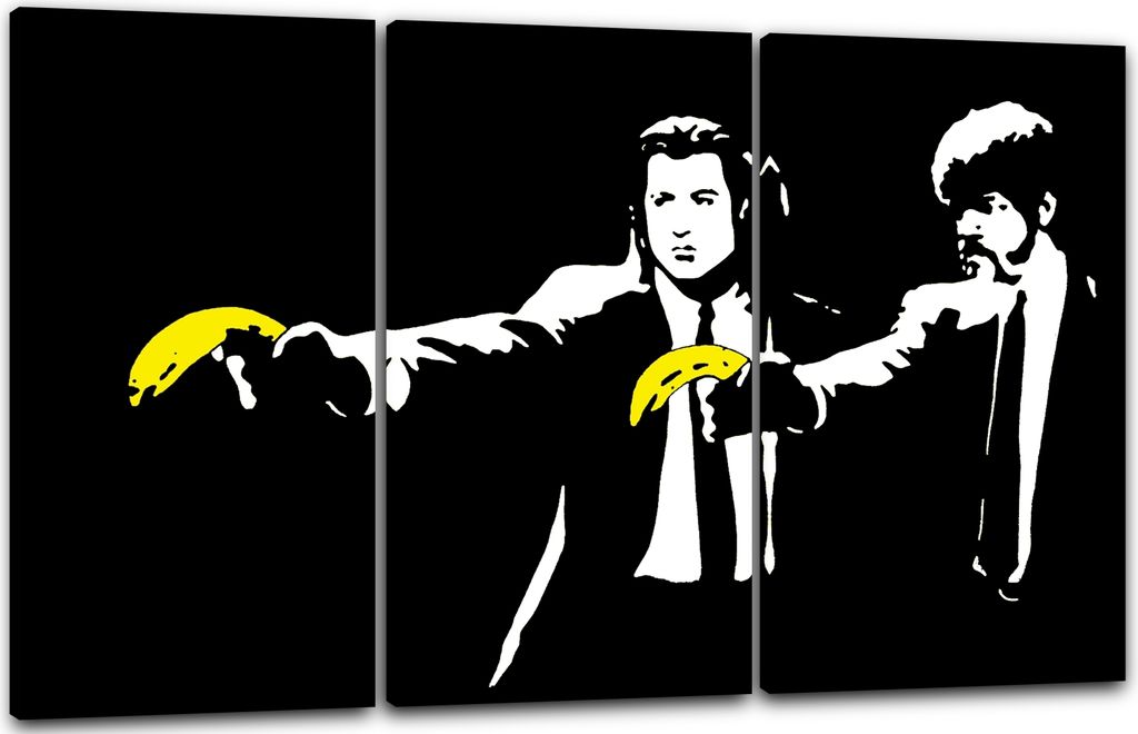 Leinwandbild 3-teilig (120x80cm): Filmplakat Filmmotiv Pulp Fiction John Travolta Samuel Jackson Banane, echter Holz-Keilrahmen inkl. Aufhänger, h...