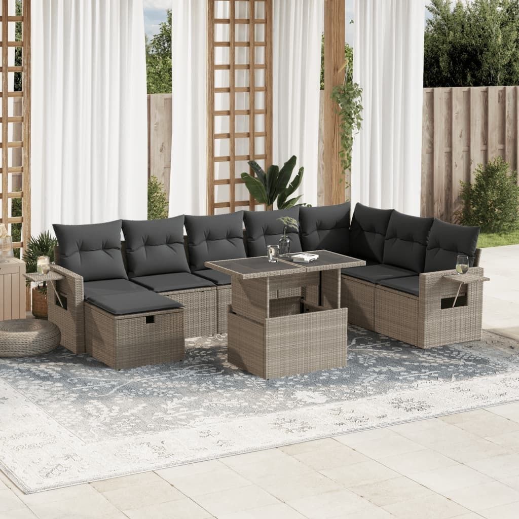 Industrie-Stil 9-tlg. Garten-Sofagarnitur Sofa Set mit Kissen Hellgrau Poly Rattan Terrassenmöbel2024 cloris