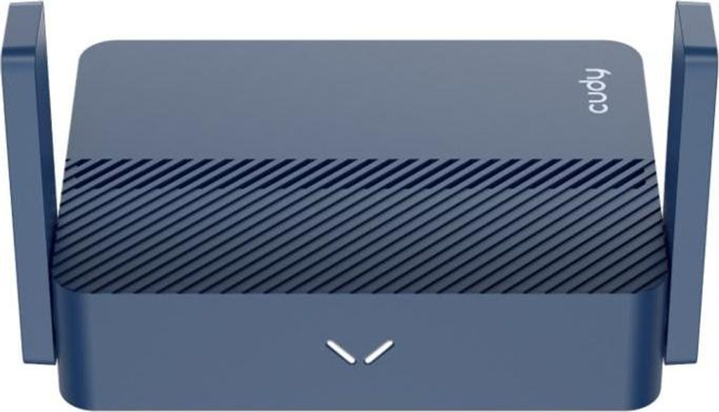 A blue Cudy wireless router with two antennas.