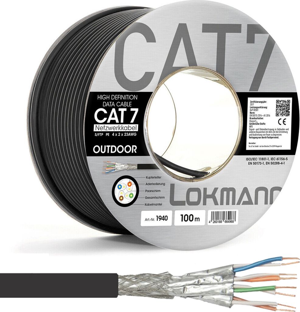 ORSEM 100m CAT7 Netzwerkkabel Verlegekabel Geschirmt RJ45 Ethernet LAN Kabel 10Gbps Outdoor Indoor SFTP Internet Patchkabel Installationskabel Schwarz