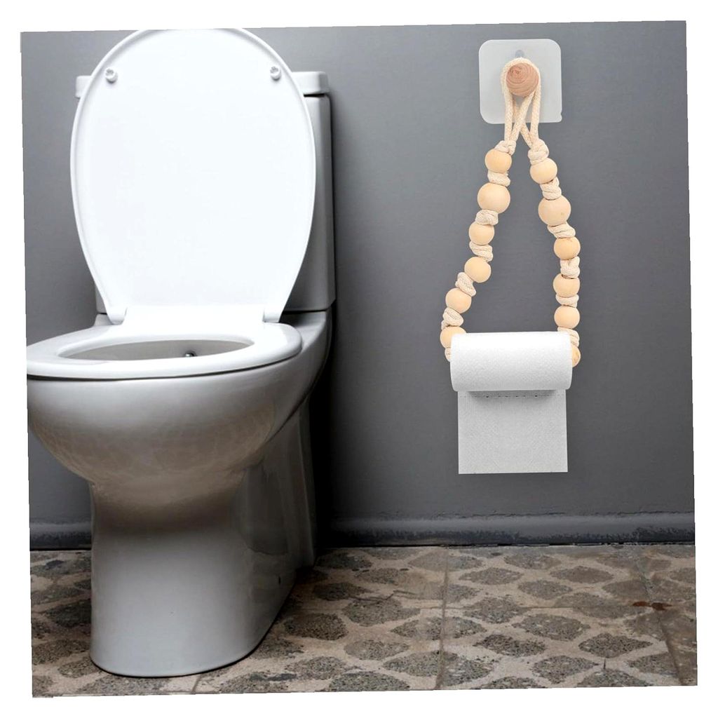 Wandmontierter Toilettenpapierhalter aus Holzperlen und Baumwollseil für Bad, Küche und Wohnzimmer, handgefertigt, stabil und dekorativ in Beige