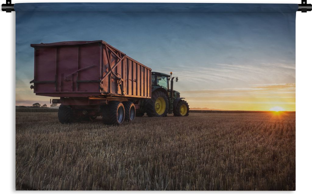 MuchoWow Wandteppich Wandbehang Traktor - Grün - Sonnenuntergang - Horizont - Grün - Landleben 60x40 cm Tapisserie Dekoration Wandtuch - Wandde...