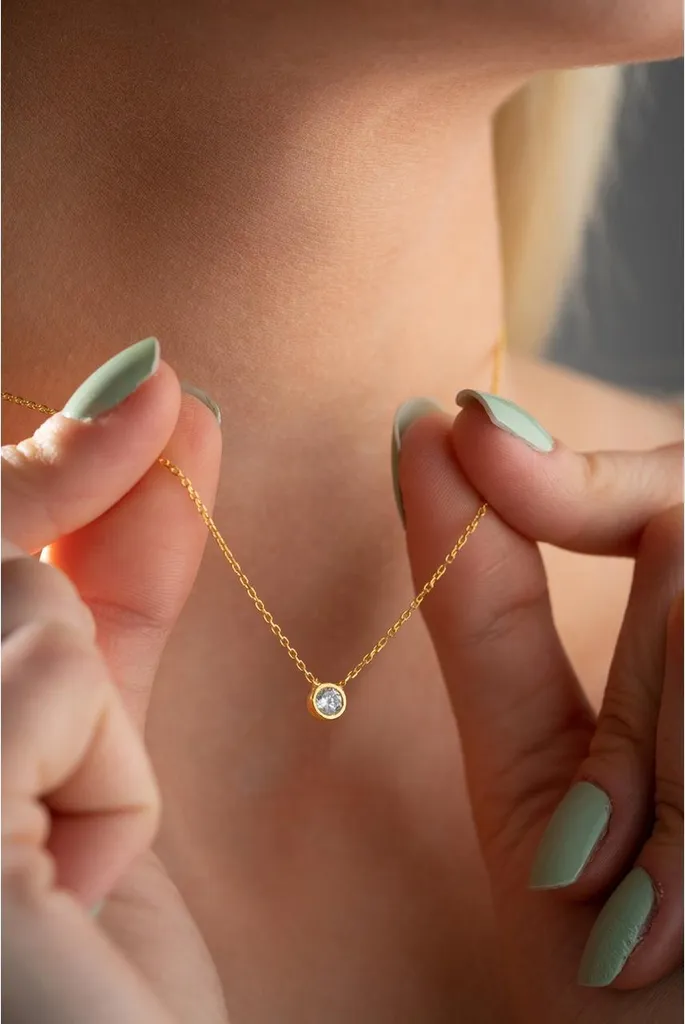 Collier solitaire argent 925 plaqué or anti-allergie avec pierre zircone