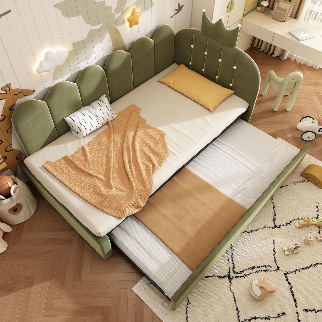 90x200 Samt Sofa-Bett Grün mit Ausziehbett 90x190, L-Form Kinderbett & Gästebett im Kronen-Design, Daybed mit Rollen ohne Matratze