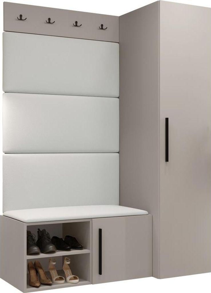 MIRJAN24 Garderoben-Set Medi II, Schuhschrank, Kleiderhakenbrett, 4x Paneel 84x42, 4 Kleiderhaken (Farbe: Cashmere, Soft 017)