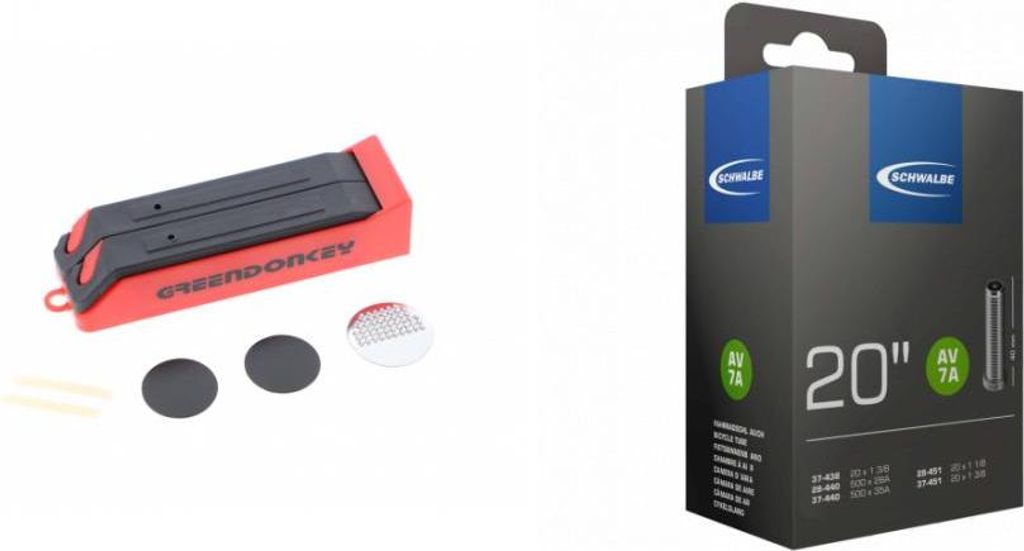 Greendonkey 1x Reifenheber Flickzeug Set + 1x Schlauch Schwalbe AV7A 20x1 1/8...