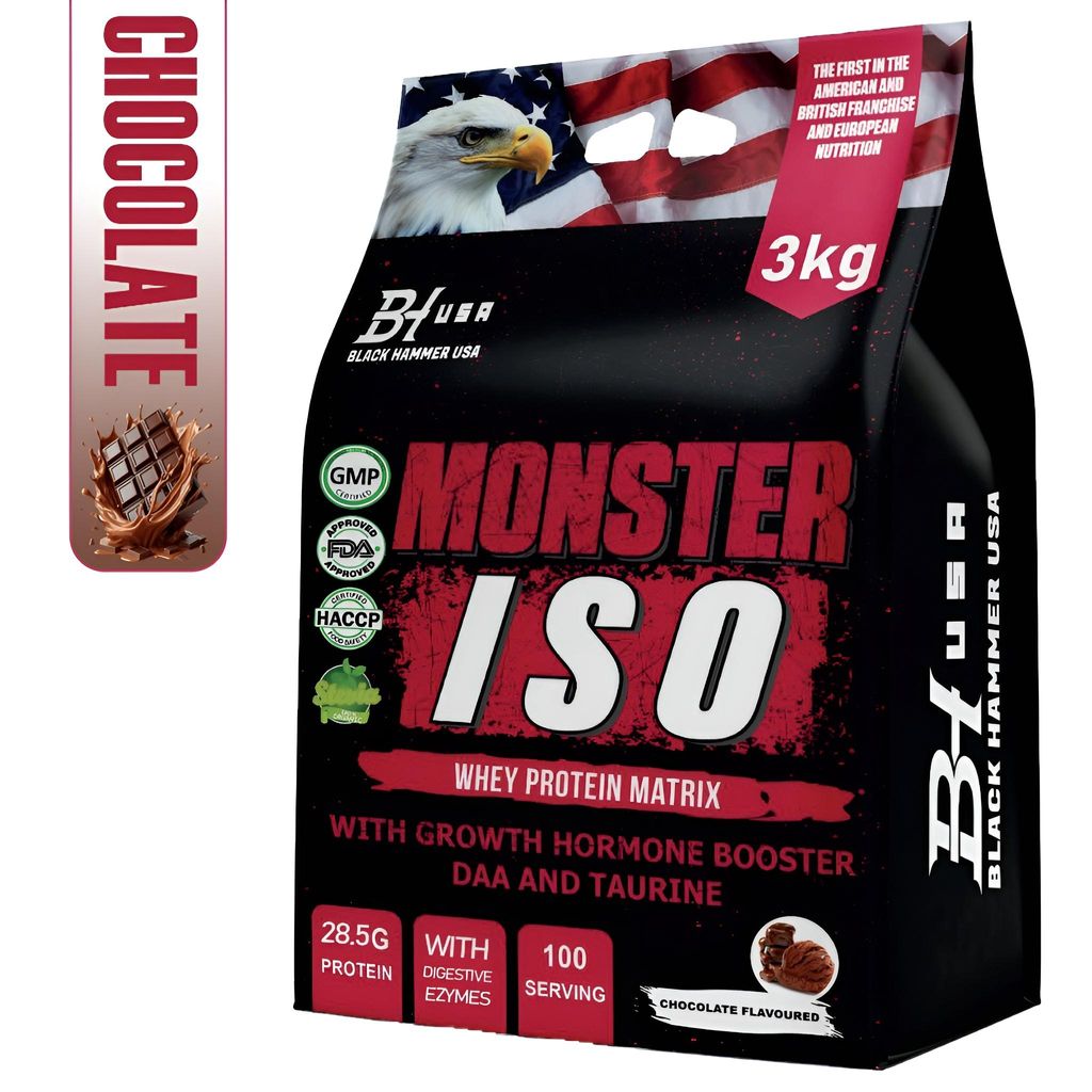 MONSTER ISO Whey Isolat 3 kg |Protein- Stevia - Serving | Schoko Proteinshake mit Stevia | 26,1 g Eiweiß für Muskelaufbau & Kraft – Black Hamme...