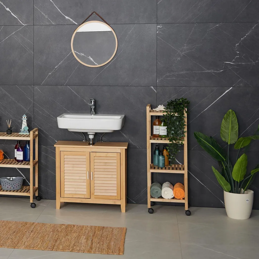 Étagère de salle de bain en bois à roulettes - Chariot de rangement 3 niveaux