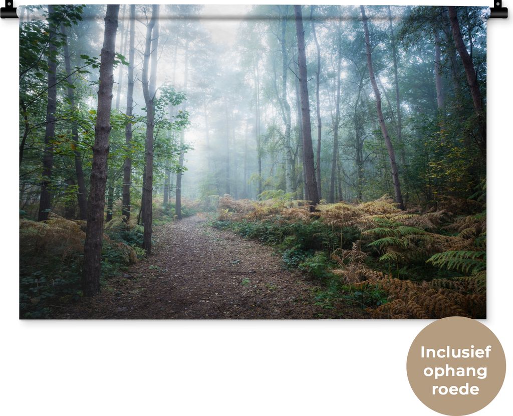 MuchoWow Wandteppich Wandbehang Wald - Nebel - Weg 90x60 cm Tapisserie Dekoration Wandtuch - Wandskulpturen - Bildteppich