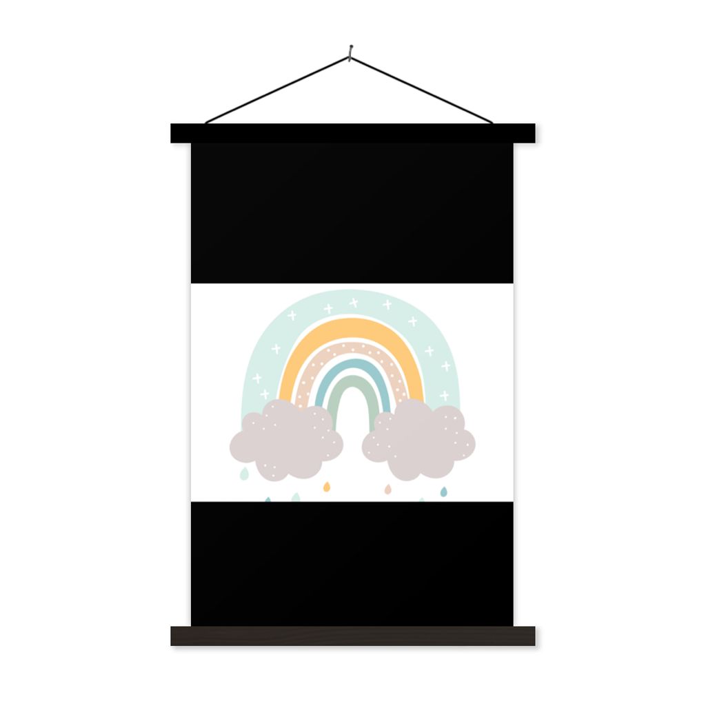 MuchoWow Textilposter Regenbogen - Wolken - Regen - Kinder - Pastell 120x80 cm mit schwarzem Rahmen - Wanddeko