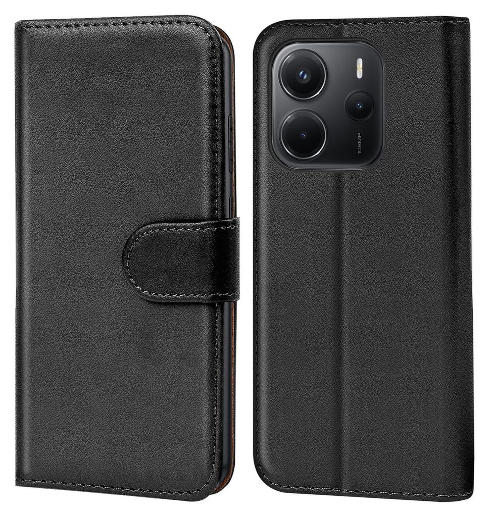 A black flip case for a smartphone is shown, with the front cover closed on the left and the back cover open on the right, revealing the phone's camera module.