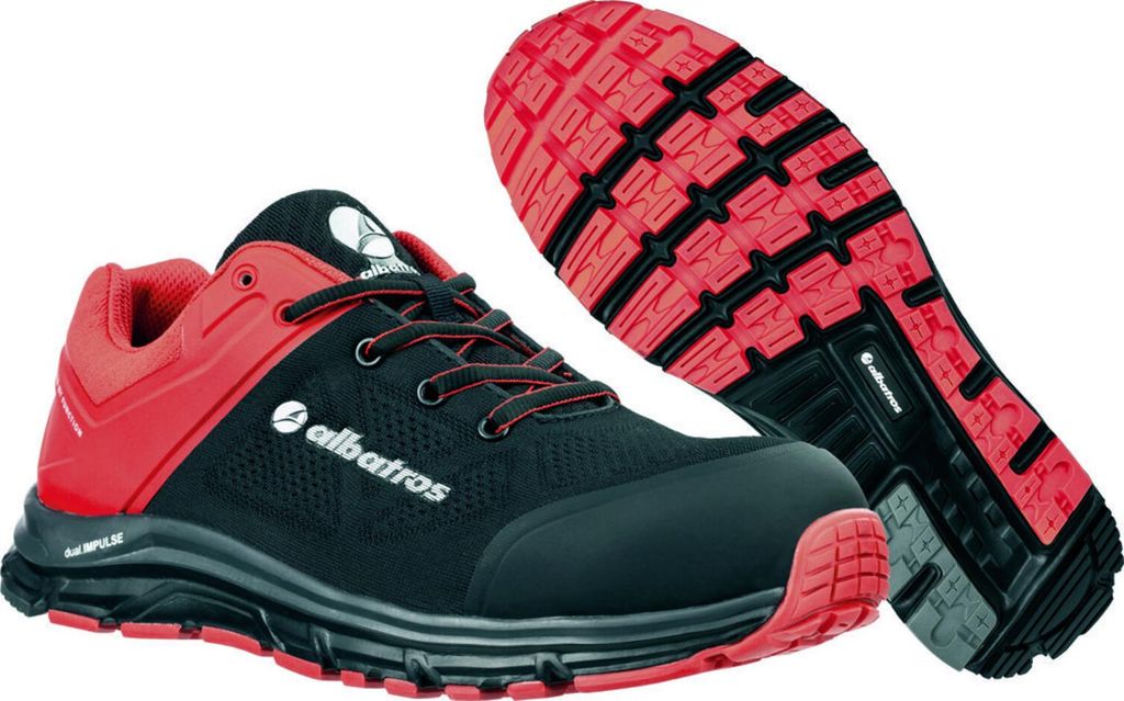 A pair of black and red Albatros safety shoes, with one shoe shown from the side and the other from the sole.