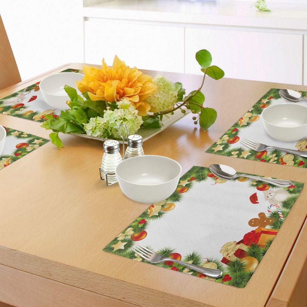 ABAKUHAUS Kinder Weihnachten Platzmatten, Garland Frame Design mit immergrünen Tannenbaum Bear Toy und Lebkuchenmann, Tiscjdeco aus Farbfesten Sto...