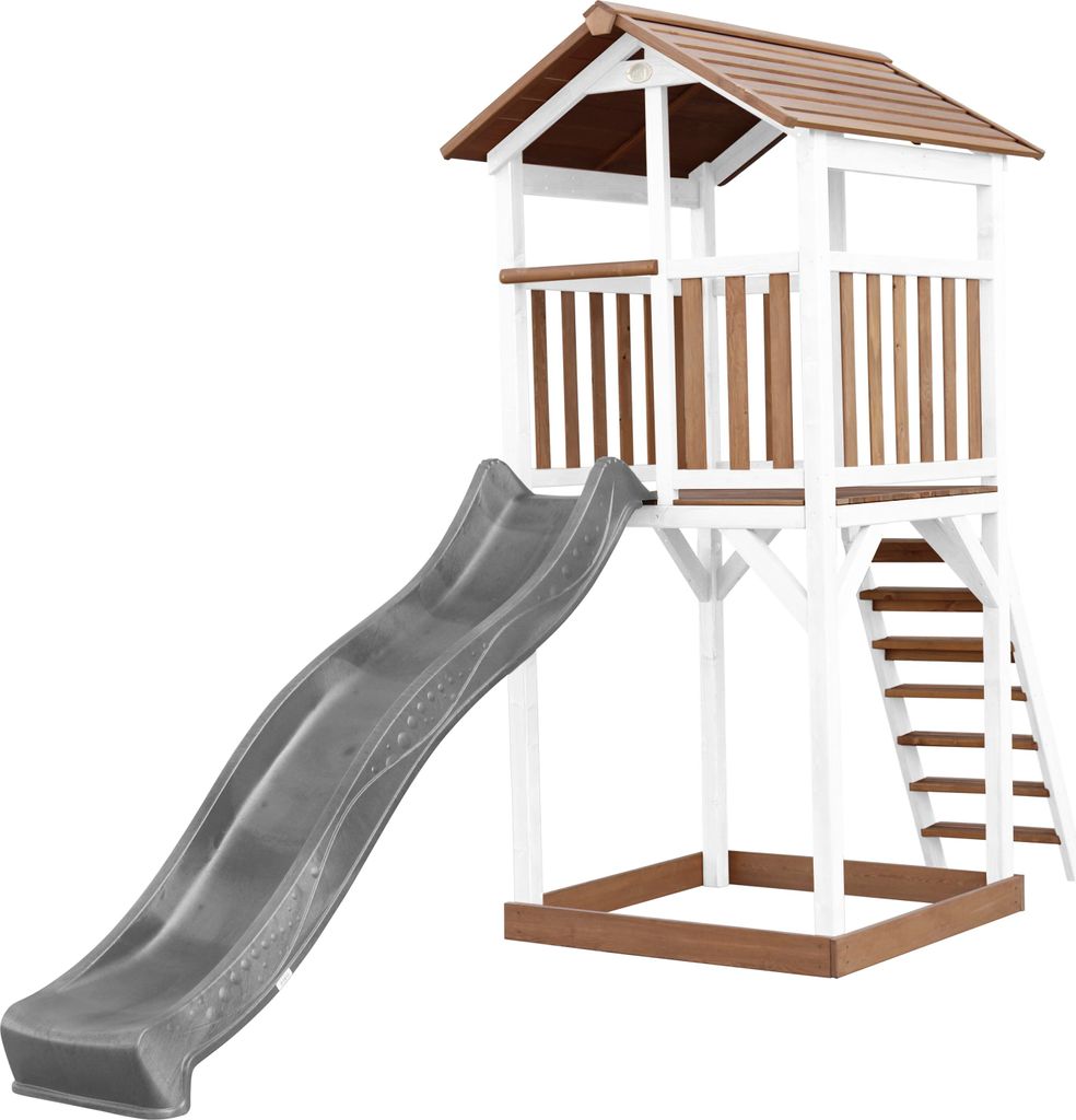 AXI Beach Tower Spielturm aus Holz in Braun & Weiß | Spielhaus für Kinder mit grauer Rutsche und Sandkasten | Stelzenhaus für den Garten