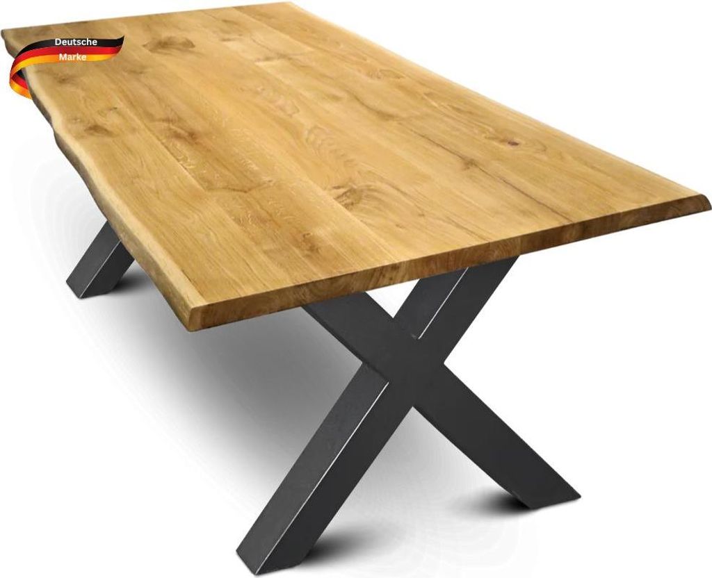 DELUKE Massivholz Wohnzimmertisch mit Baumkante RAGNAR - 180x85cm, Eichenholz, X-Hora Gestell | Esstisch Holz Küchentisch Esszimmertisch