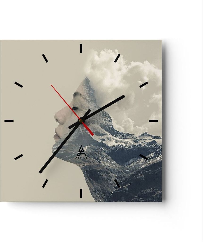 Wanduhr - Quadrat - Glasuhr - Grafik Frau Berge - 40x40cm - Schleichendes Uhrwerk - Lautlos - zum Aufhängen bereit - Dekoration Modern - Wanddekor...