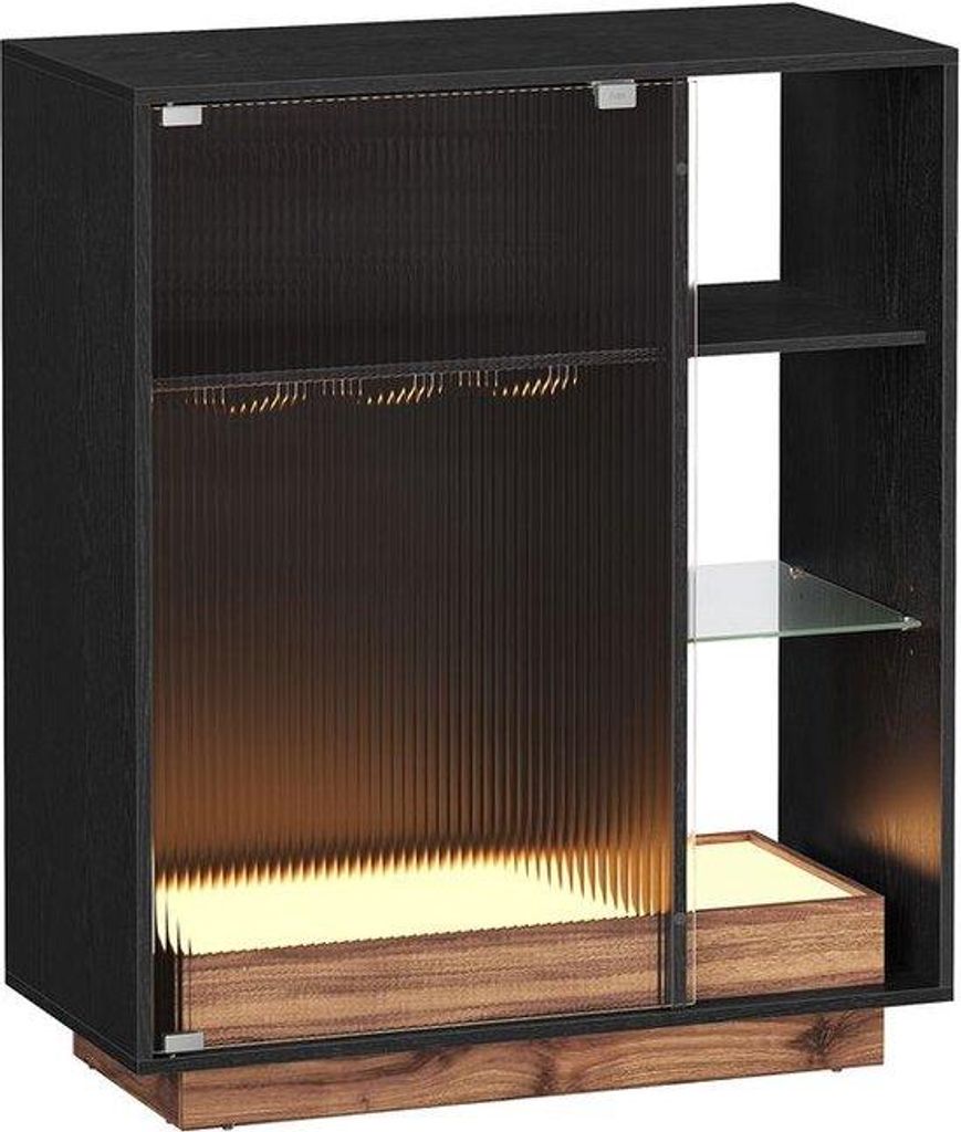 Holzbar – Wein- und Getränkekasten – Mit Beleuchtung und Sicherheitsglas – Eichenholz – Schwarz