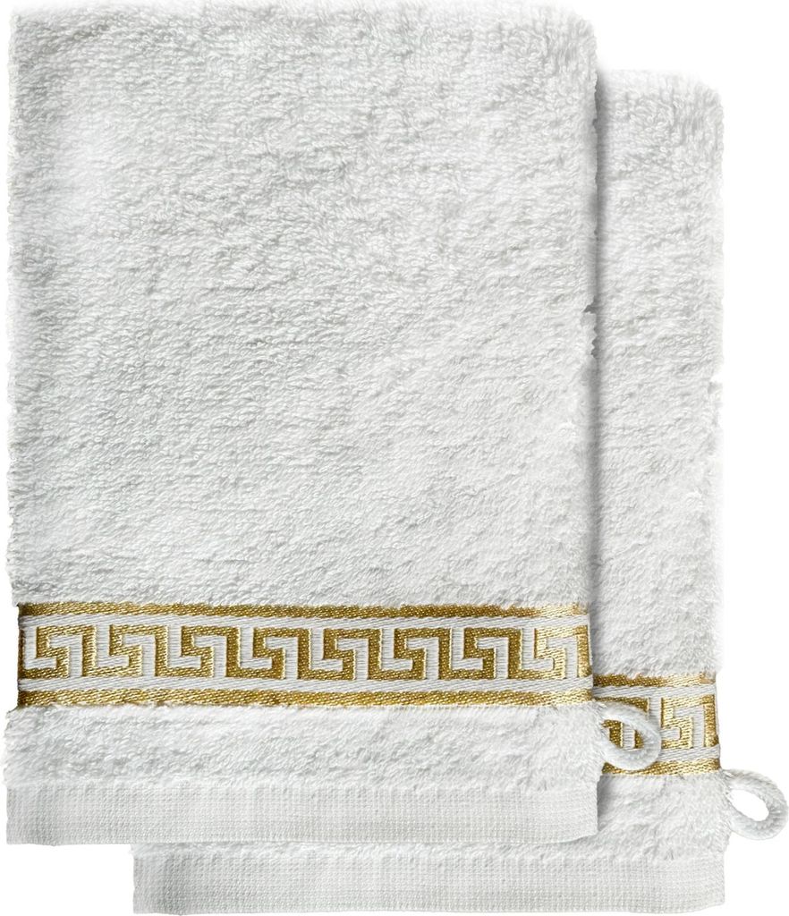2er SET Mäander Waschlappen Handtuch Weiss Gold 15 cm x 21 cm
