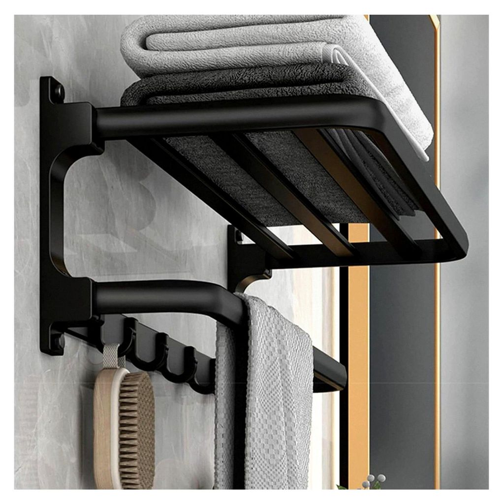 Handtuchhalter ohne Bohren, schwarz matt, selbstklebend, mit 5 Handtuchhaken, für Bad und Küche, 58 cm, Aluminium