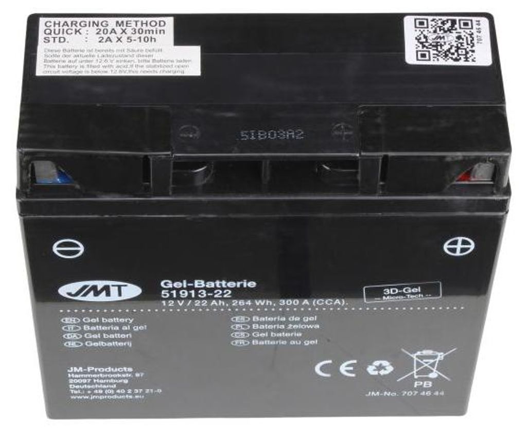 Gélová batéria JMT 12N19AH 12 V 22 Ah 300 A 183 x 79 x 171 Obrázok produktu 