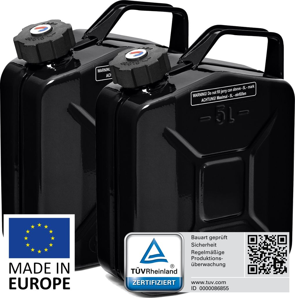 BW Kraftstoffkanister Metall Benzinkanister 2x 5 Liter mit Schraubverschluss - Schwarz RAL 9005 - UN-Zulassung - Hergestellt in Europa