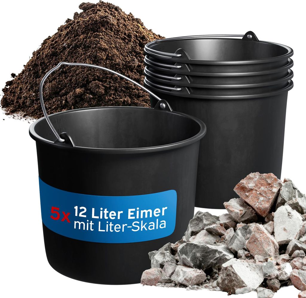 kör4u Baueimer rund mit Kopfbügeln schwarz 5x 12 Liter
