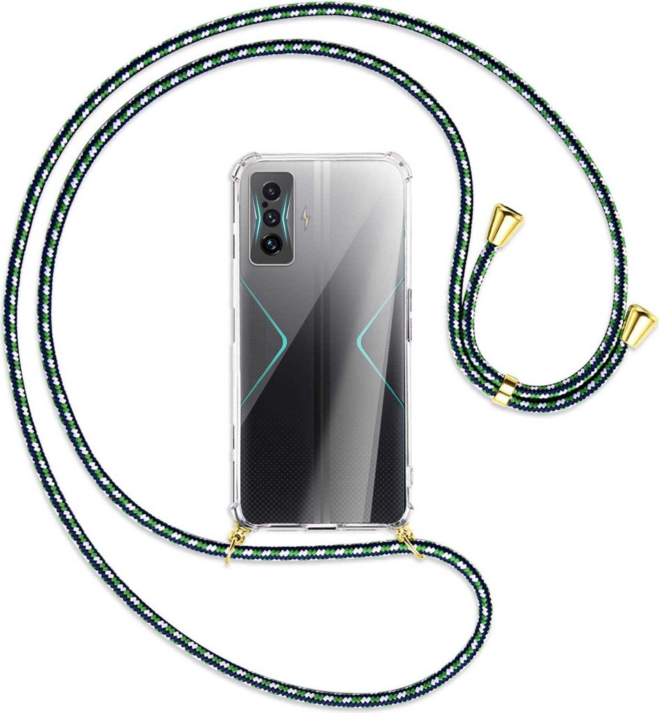 Handykette Backcover-Schutzhülle mit Band (Metall goldfarben) für Xiaomi Poco F4 GT - grün/blau/weiß