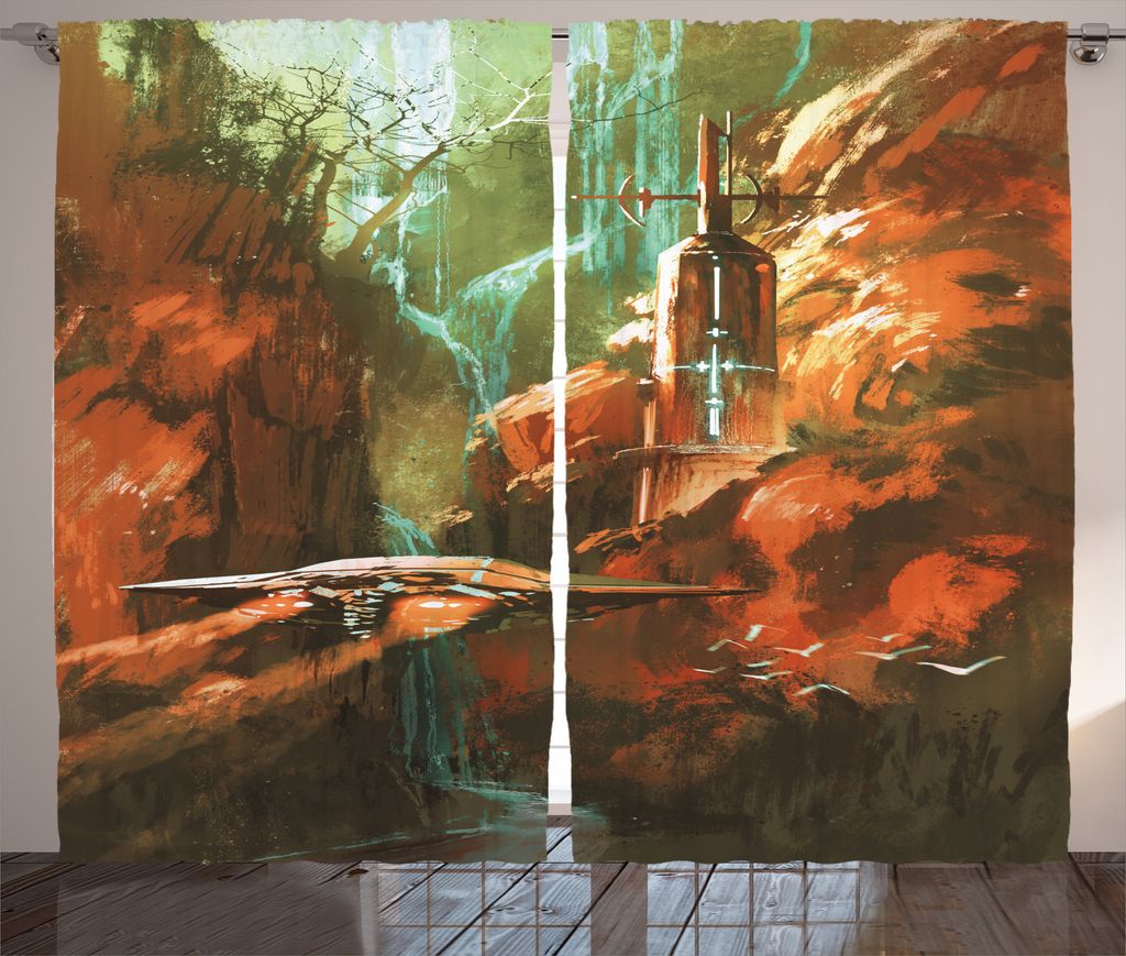 ABAKUHAUS Fantasie Rustikaler Gardine, Spaceship in Canyon, Schlafzimmer Kräuselband Vorhang mit Schlaufen und Haken, 280 x 175 cm, Braun