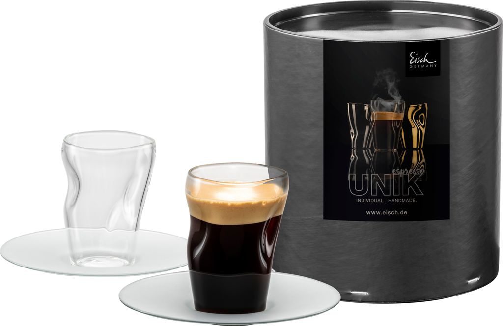 Eisch Vorteilset 2 Stück 2 Espressogläser 132/8 mit satin Untertasse in GR UNIK 30013203 und Geschenk + Spende