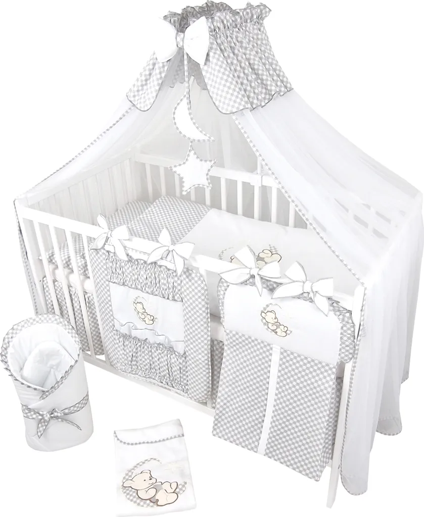 Lit Bébé Happy Leo 16 Pièces avec Matelas Réglable en Bois Massif Gris