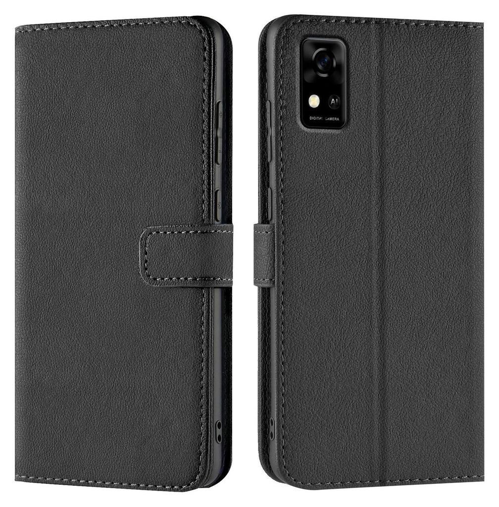 A black flip case for a smartphone is shown from two angles, open and closed.