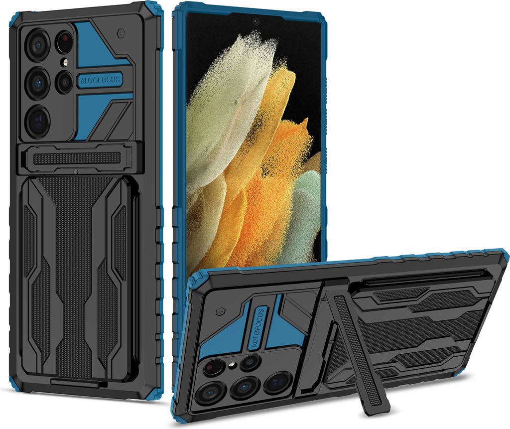 Galaxy S22 Ultra 5G Hülle, Hybrid Robust Schutz Stoßfest Schutzhülle mit Kartenhalter Ständer für Samsung Galaxy S22 Ultra 5G Blau