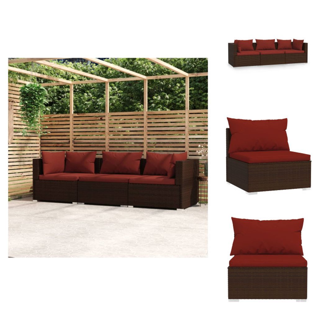 vidaXL 3-Sitzer-Sofa mit Kissen Braun Poly Rattan - Gartenmöbel-Sets