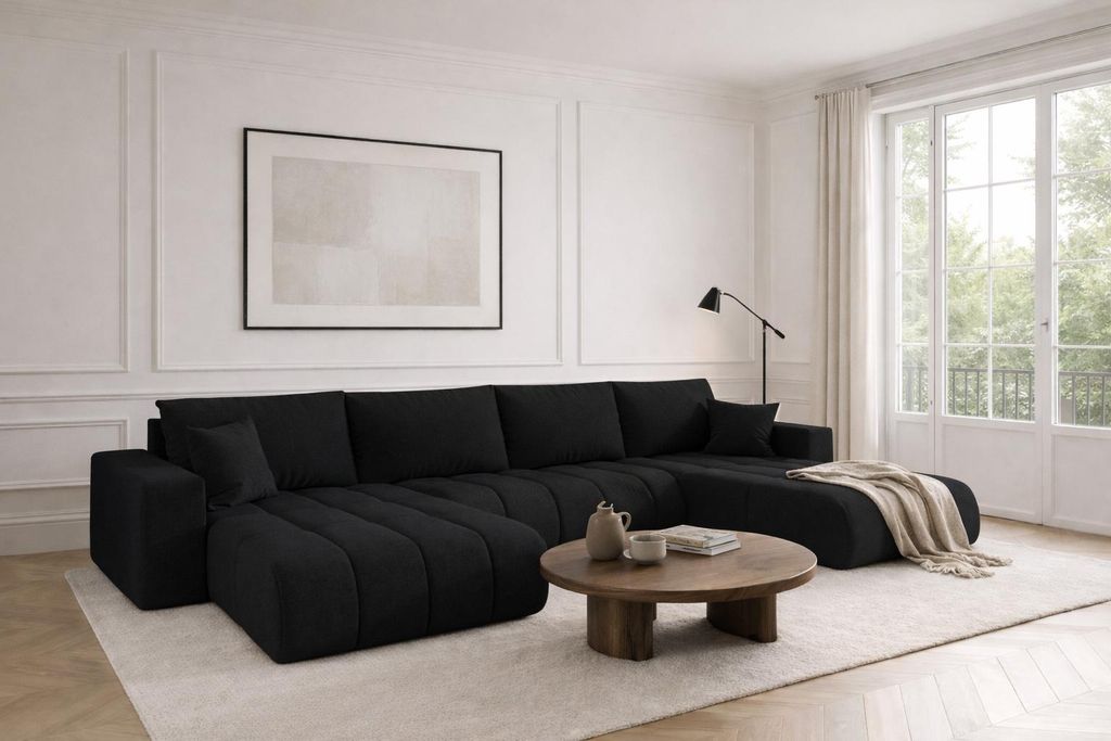 Kaiser Möbel Ecksofa mit schlaffunktion und bettkasten MILO U PREMIUM, stoff WIND, Schwarz