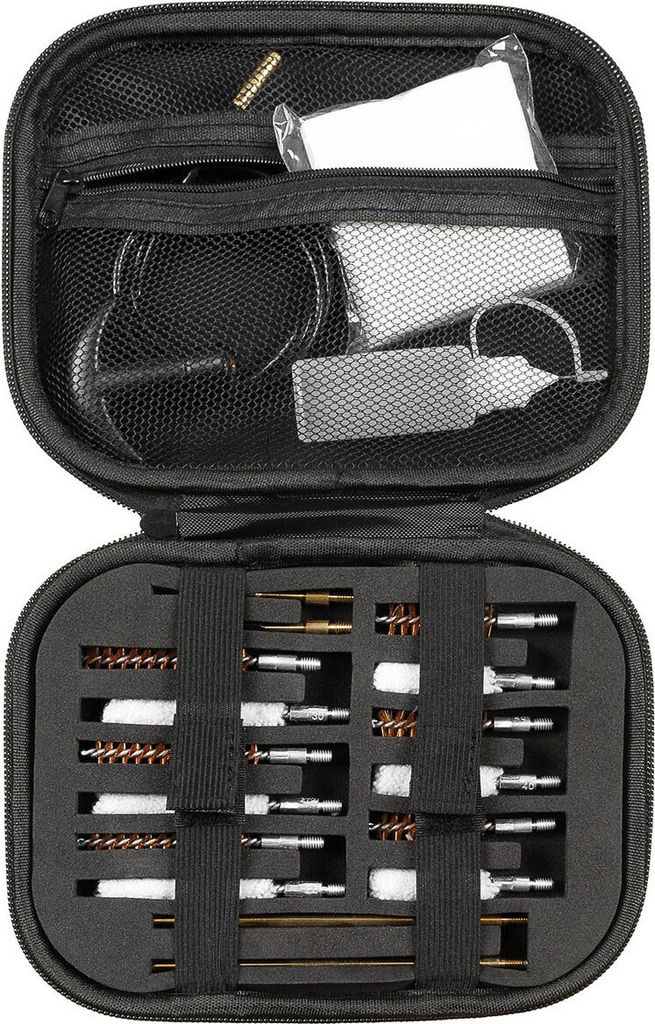An open cleaning kit for a pistol, showing various tools and brushes organized within a black case.