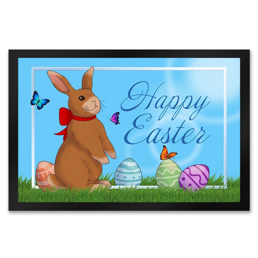 Happy Easter Fußmatte XXL in 50x75 cm mit Osterhasen und bunten Ostereiern