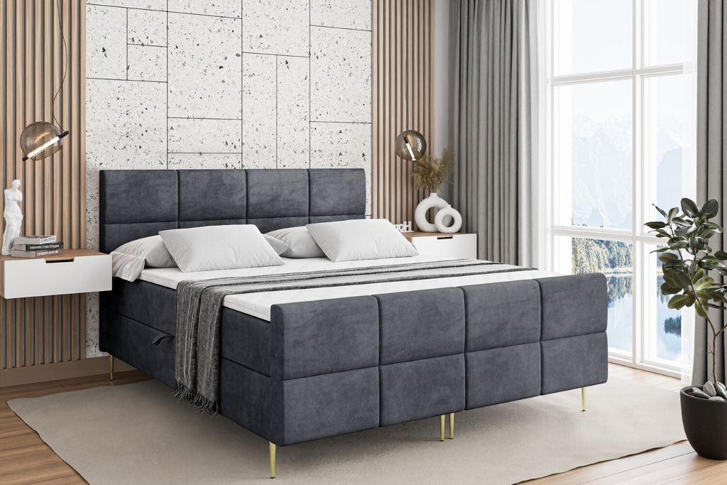 ALTDECOR Boxspringbett mit Gold Füßen, Matratze und Lattenrost, Topper, Fußteil, Polsterbett mit Bettkasten, Bett mit Stauraum H3-Matratze, Dopp...