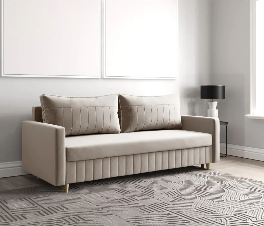 Schlafsofa MARO, Sofa mit Schlaffunktion und Bettkasten, Klappsofa, Schlafcouch mit Füßen aus Naturholz, Veloursstoff, Couch in Frabe: Beige