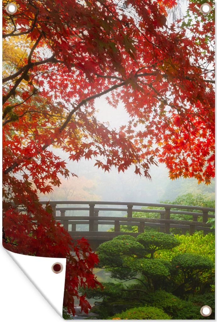 MuchoWow 80x120 cm Outdoor-Poster Gartendeko Sichtschutz Garten Poster für den Garten Japanischer Ahorn - Bäume - Brücke - Natur - Japanisch