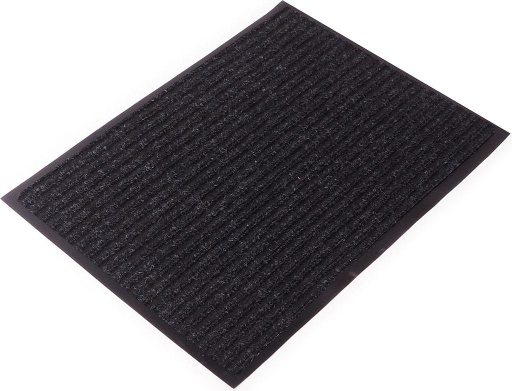 A dark gray ribbed doormat on a white background.