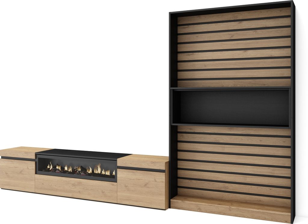 Wohnwand Wohnzimmer, 310x35x186cm, Für TV-Geräte bis zu 80", Elektrokamin, Eiche und Schwarz