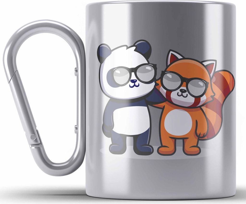 Trendation - Freunde Roter Panda Edelstahl Tasse Karabiner Musik Kinder Geschenkidee für Jungs Mädchen Lustige Grafik (Silber)