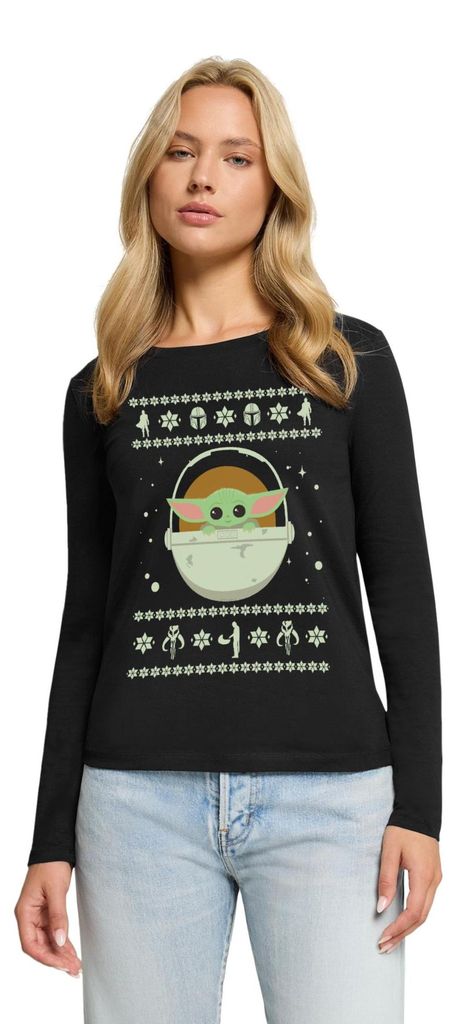 Star Wars: Mandalorian Grogu Weihnachten Premium Langarmshirt Damen, M, Schwarz