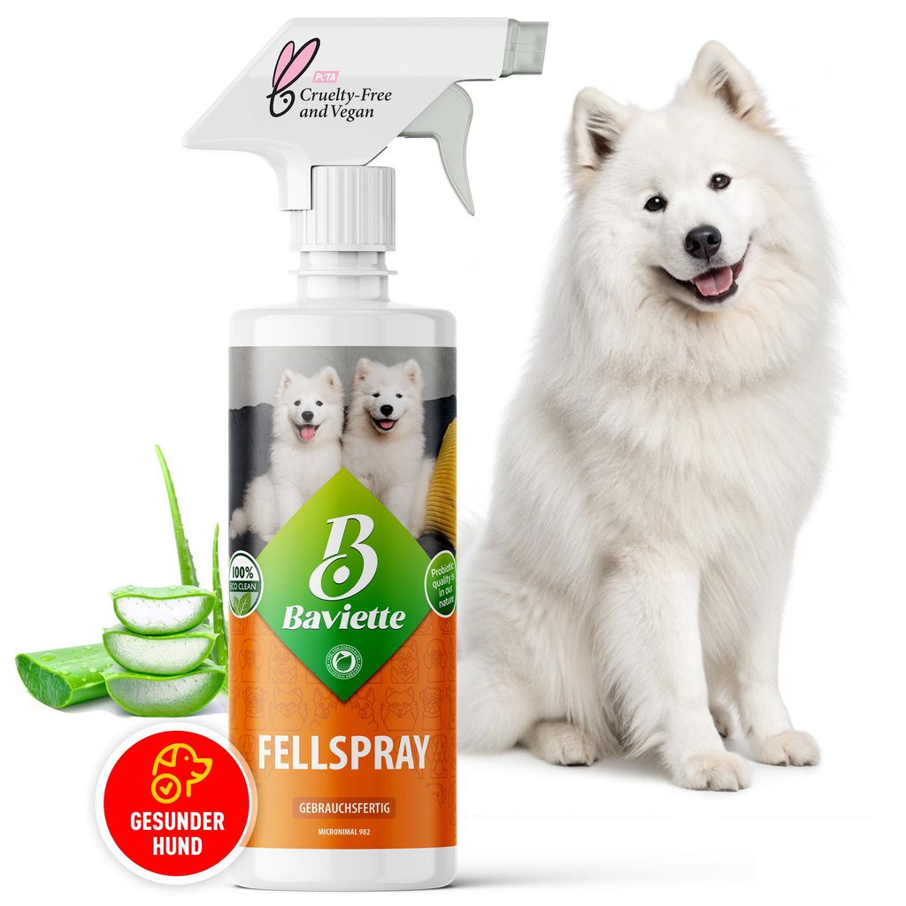Baviette Hundepflege 500ml – Fellspray für Hunde mit Omega-3-6-9 aus Leinöl, probiotisch & biologisch, entwirrt, erleichtert Bürsten & verleih...