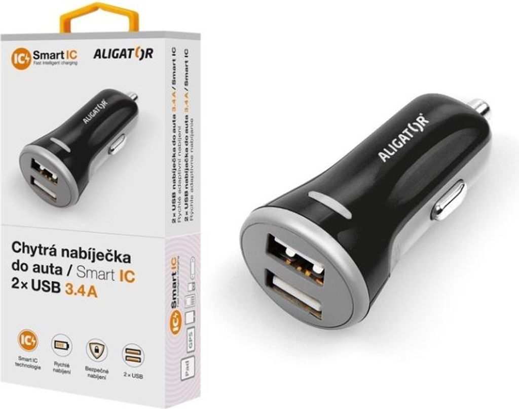 Smartes Autoladegerät ALIGATOR 3.4A, 2xUSB, smart IC, schwarz
