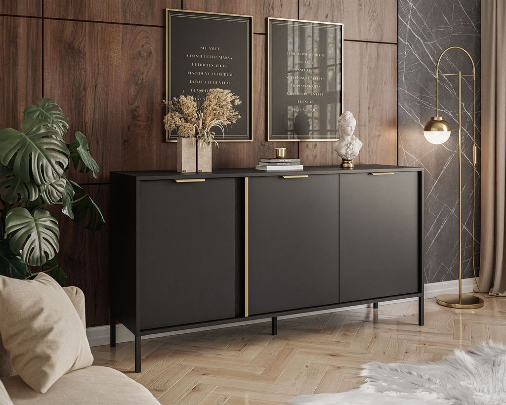 LARETTO dreitürige Kommode 153 cm 3D anthrazit schwarze Beine