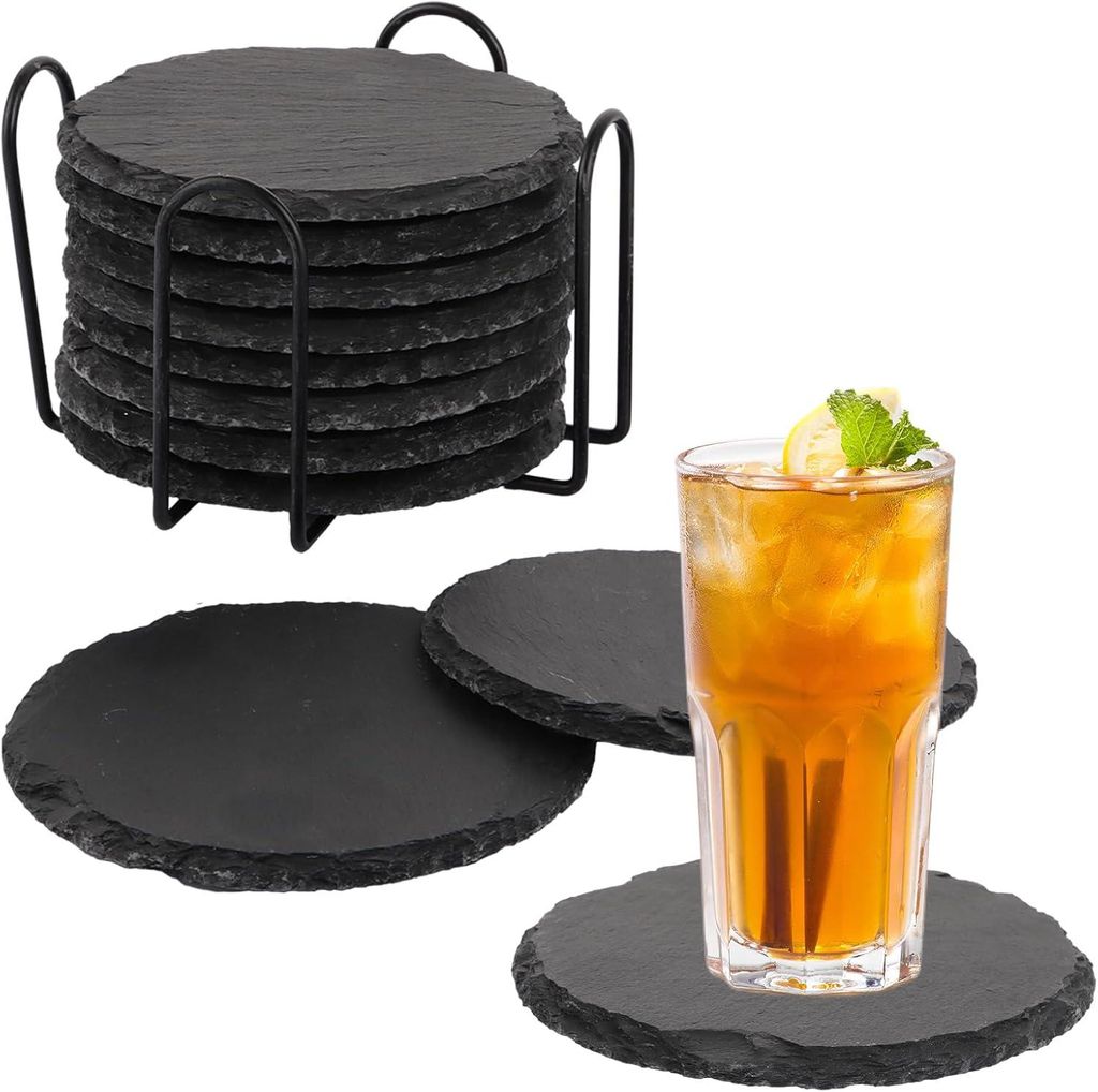 12er Set Schiefer Untersetzer rund 10 cm mit Metallhalter, Produktbild 