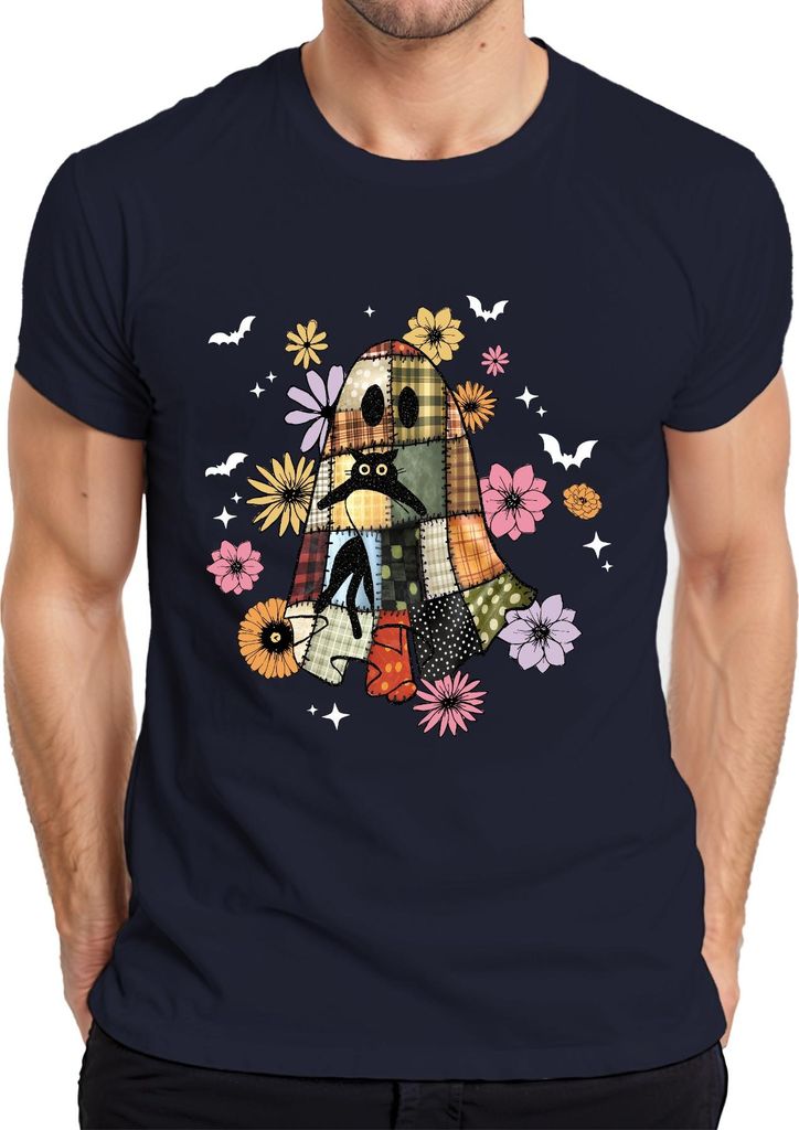 Halloween Geist Patchwork Katze Blumen Herbst Vintage Boho Sterne Herren T-Shirt, Navy, S