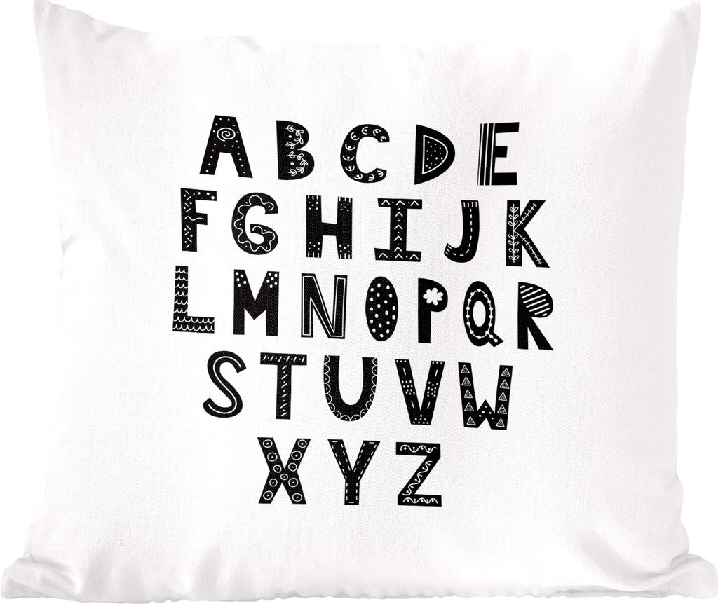 MuchoWow Zierkissen Sofakissen Wohnzimmer Dekokissen 60x60 cm Illustration des Alphabets dekoriert Buchstaben vor einem weißen Hintergrund - Sit...