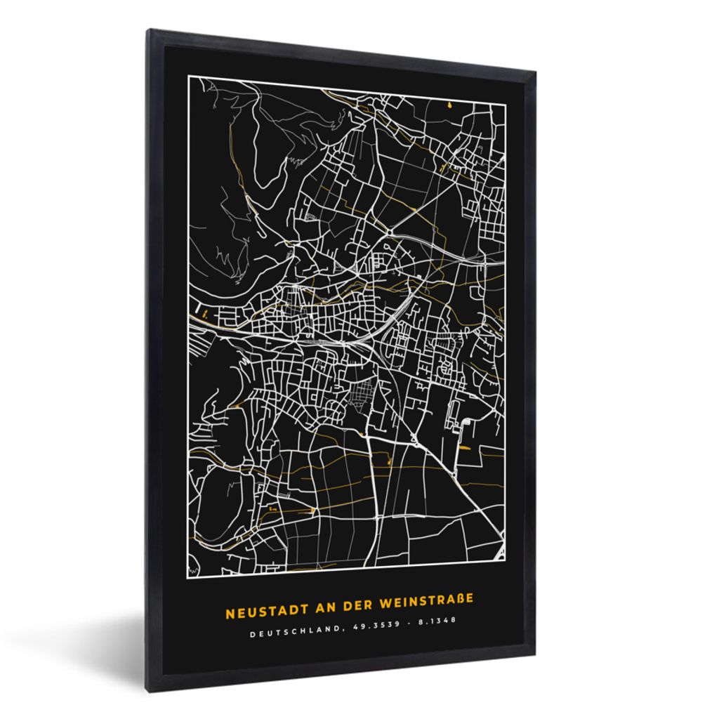 MuchoWow Gerahmtes Poster Gold - Deutschland - Karte - Stadtplan - Neustadt an der Weinstraße 20x30 cm - Poster mit Schwarzem Bilderrahmen Wandp...